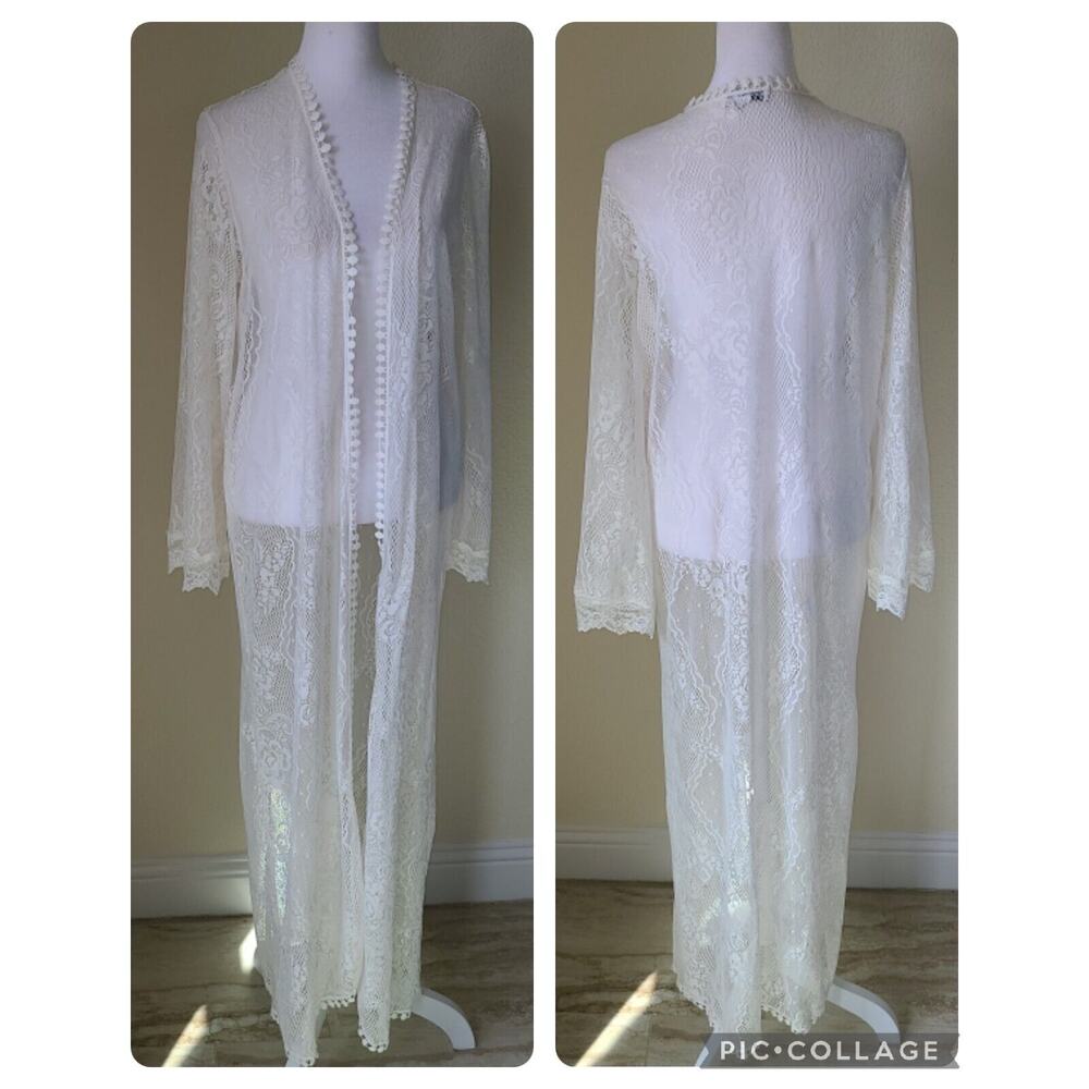 In Bloom by‎ Jonquil Ivory Long Robe XS Sheer Floral Lace Honeymoon Sexy Bridal